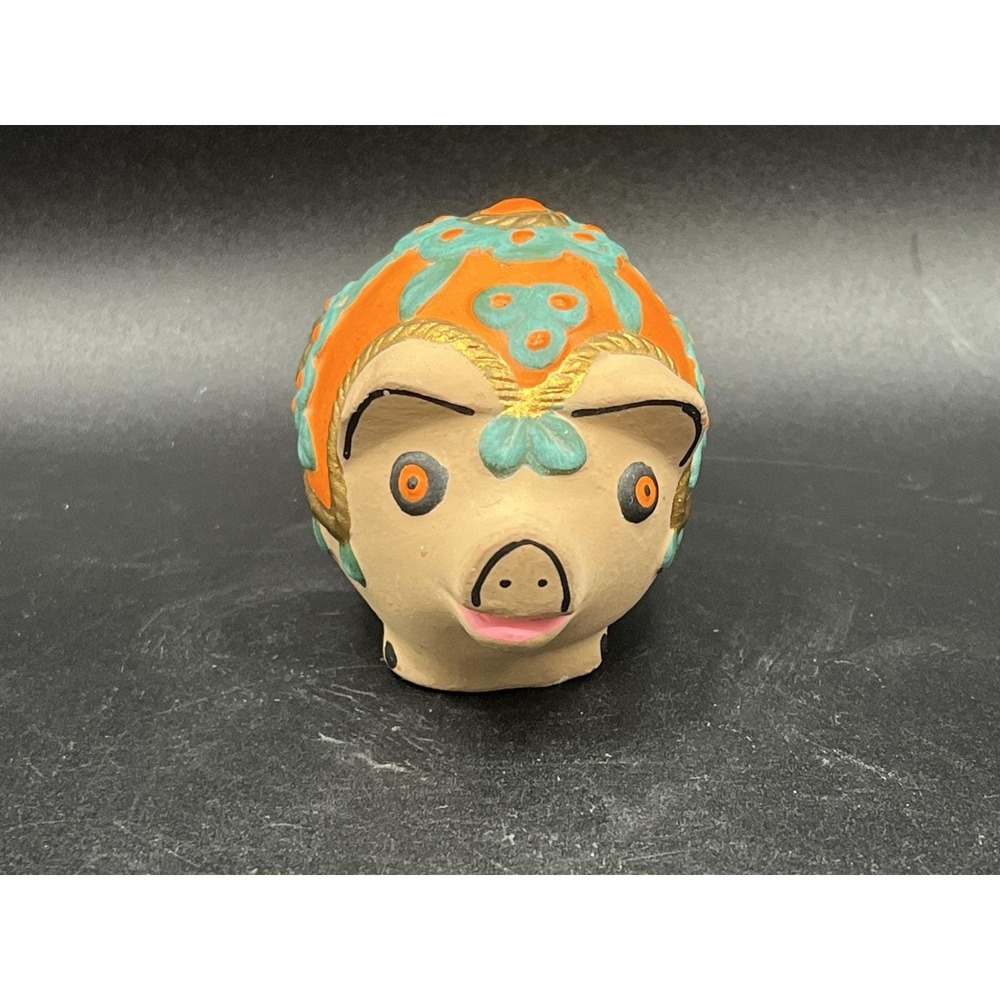 Vtg Decorative Porcelain Pig - Orange Teal Gold - Made in El Salvador 2" x 2"